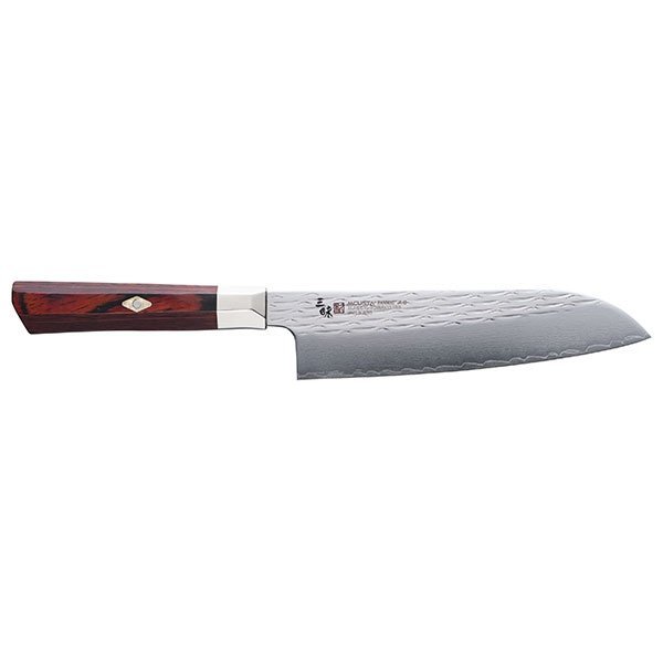 Japoński nóż santoku z rękojeścią z drewna pakka w kolorze czerwonym