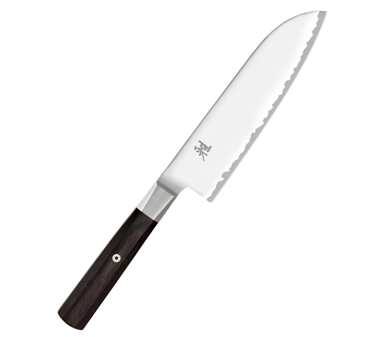 Santoku Miyabi bez damasceńskiego wzoru, z ciemną rękojeścią o profilu D i znakiem miyabi na klindze