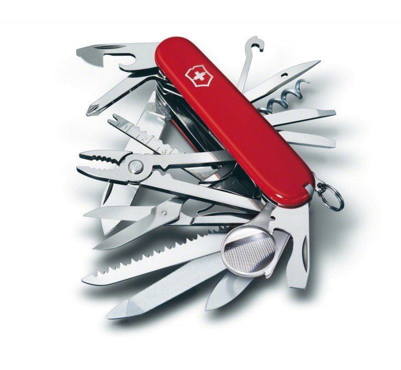 Scyzoryk Victorinox Swiss Champ z otwartymi szczypcami, nożyczkami, piłą, lupą i innymi narzędziami
